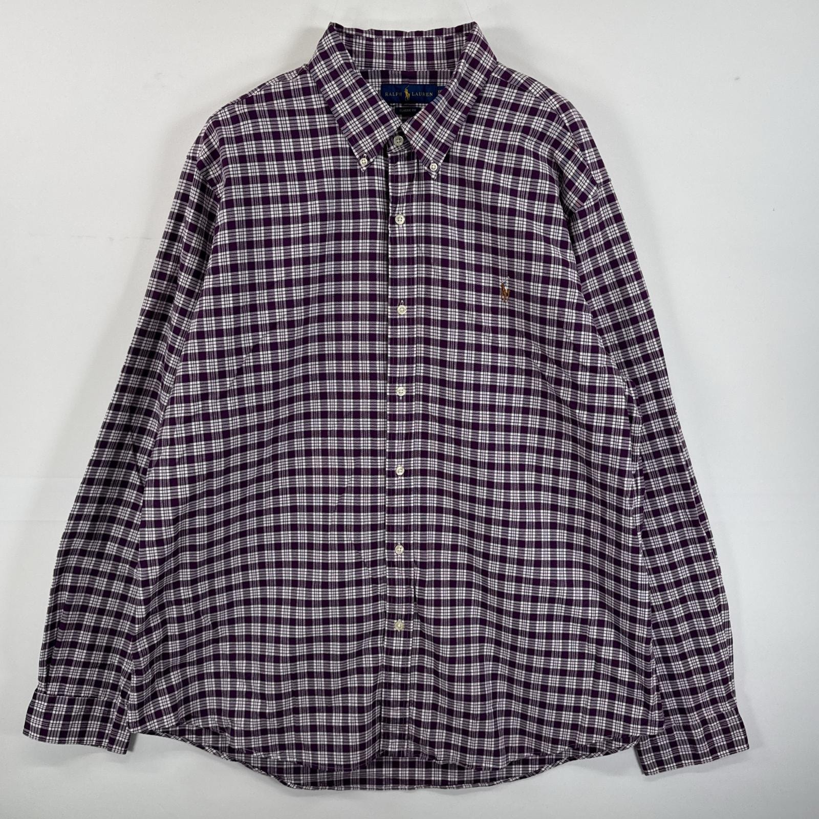 古着 ラルフローレン RALPH LAUREN 長袖シャツ ボタンダウンシャツ ワンポイント 大きいサイズ 14041  パープル系 チェック メンズ