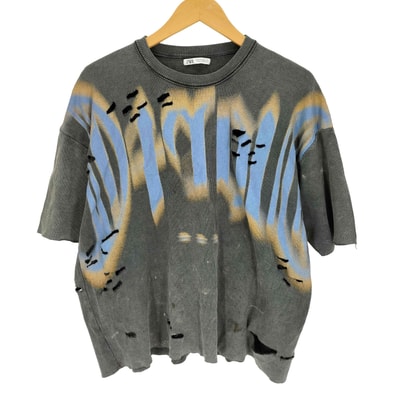 ワッフル生地 プリント ダメージ加工 クルーネック Tシャツ【1143168998433】