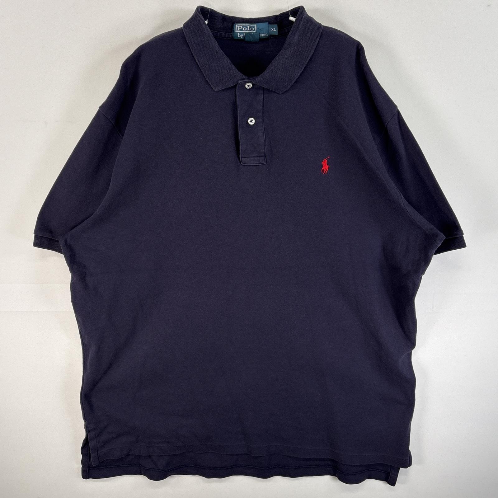 古着 90's/90年代 ポロバイラルフローレン Polo by Ralph Lauren 鹿の子 半袖 ポロシャツ ワンポイント ロゴ 刺繍 大きいサイズ 2ボタン XL  ネイビー 無地 メンズ