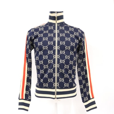 極美品 GUCCI グッチ GGジャカード コットン トラックジャケット XS 496919 その他アウター ネイビー クリーム レッド コットン メンズ