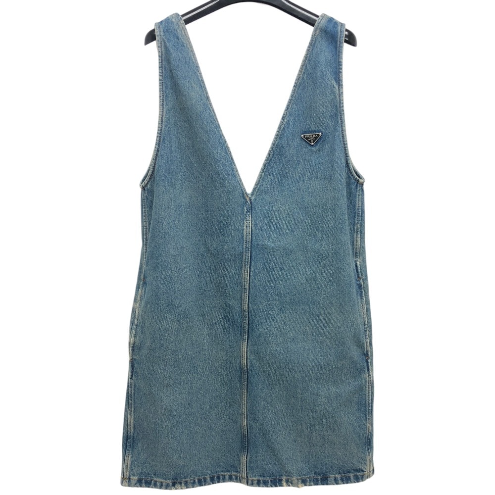 プラダ PRADA トライアングルプレート GFA135 アパレル ダメージ加工 ジャンパースカート デニム ワンピース コットン ブルー 新品同様