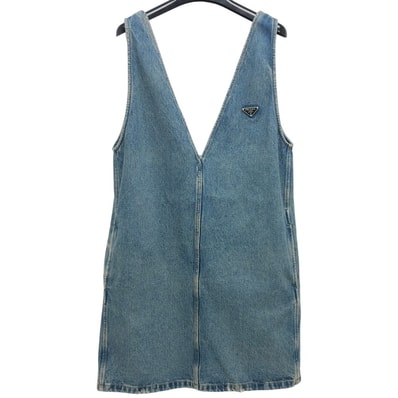 プラダ PRADA トライアングルプレート GFA135 アパレル ダメージ加工 ジャンパースカート デニム ワンピース コットン ブルー 新品同様