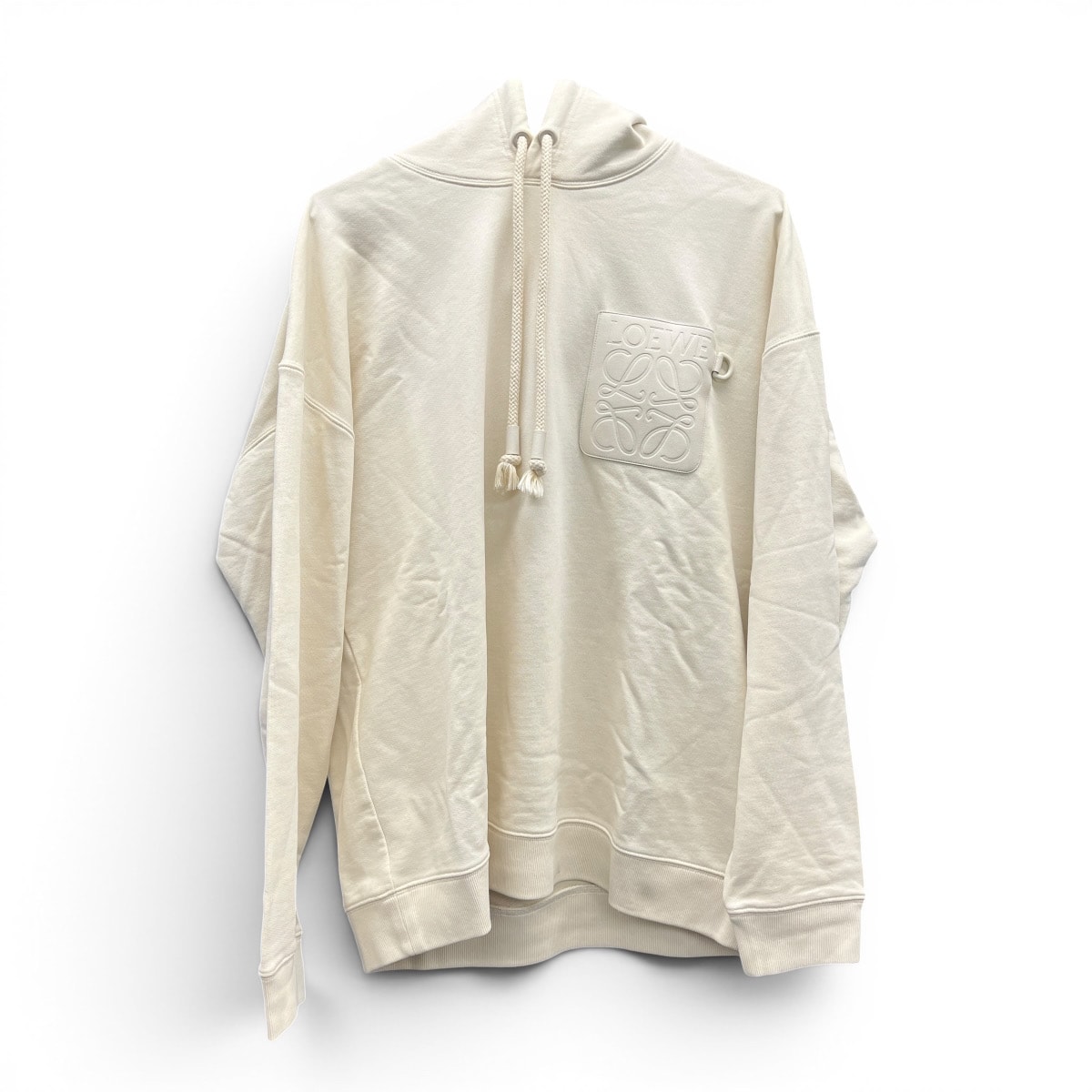 LOEWE 美品 ロエベ ANAGRAM PATCH POCKET HOODIE アナグラム パッチ ポケット フーディ #M H526Y25X23 パーカー コットン レザー アイボリー ドローストリング ABランク 中古 鑑定済 ロエベパーカー