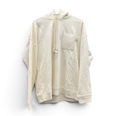 LOEWE 美品 ロエベ ANAGRAM PATCH POCKET HOODIE アナグラム パッチ ポケット フーディ #M H526Y25X23 パーカー コットン レザー アイボリー ドローストリング ABランク 中古 鑑定済 ロエベパーカー