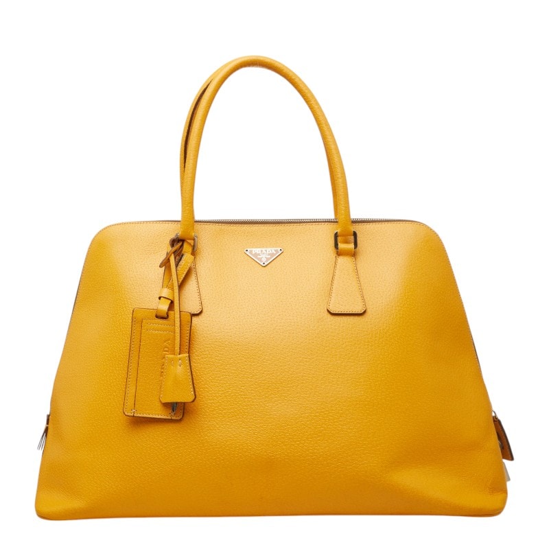 プラダ 三角ロゴプレート ハンドバッグ ボストンバッグ イエロー レザー レディース PRADA 【中古】