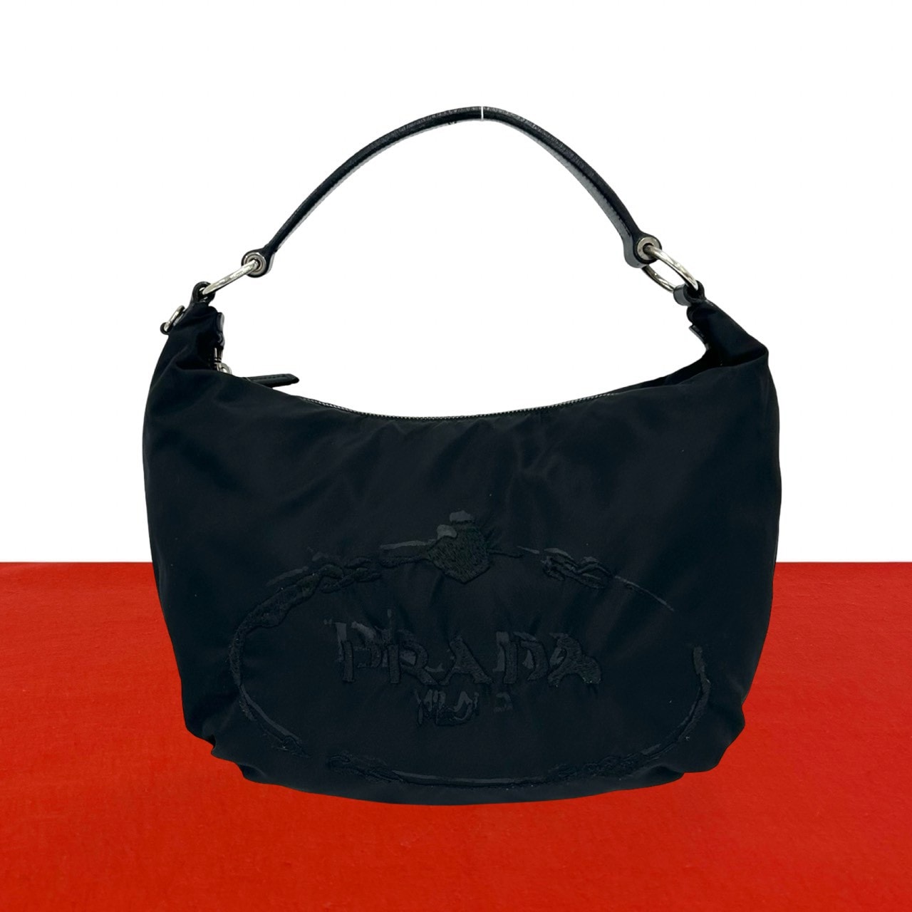 PRADA プラダ ロゴ 刺繍 ナイロン レザー ショルダーバッグ ブラック
31173
