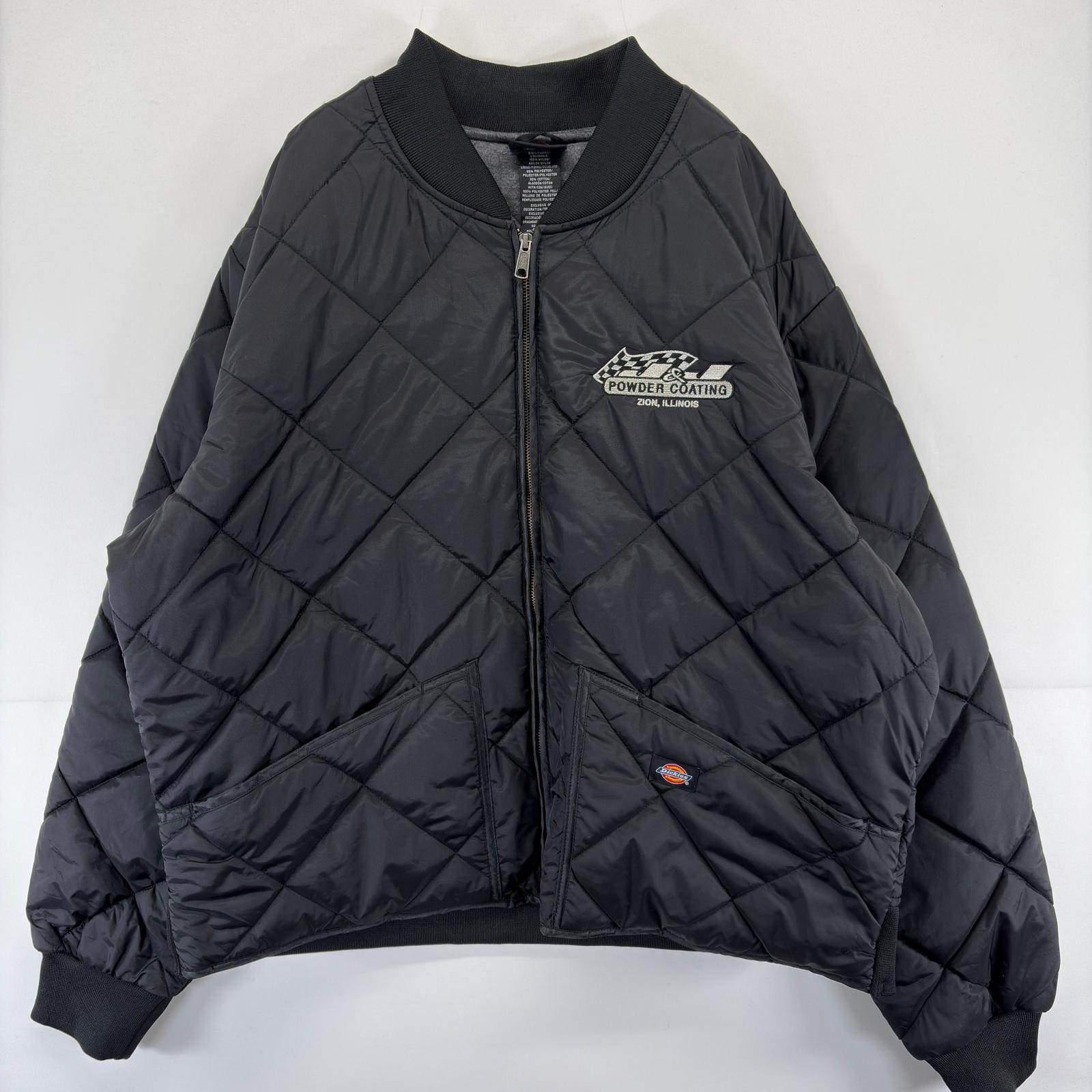 古着 ディッキーズ Dickies ジャケット フルジップ 刺繍 キルティング バックデザイン 大きいサイズ ワーク 2XL  ブラック メンズ