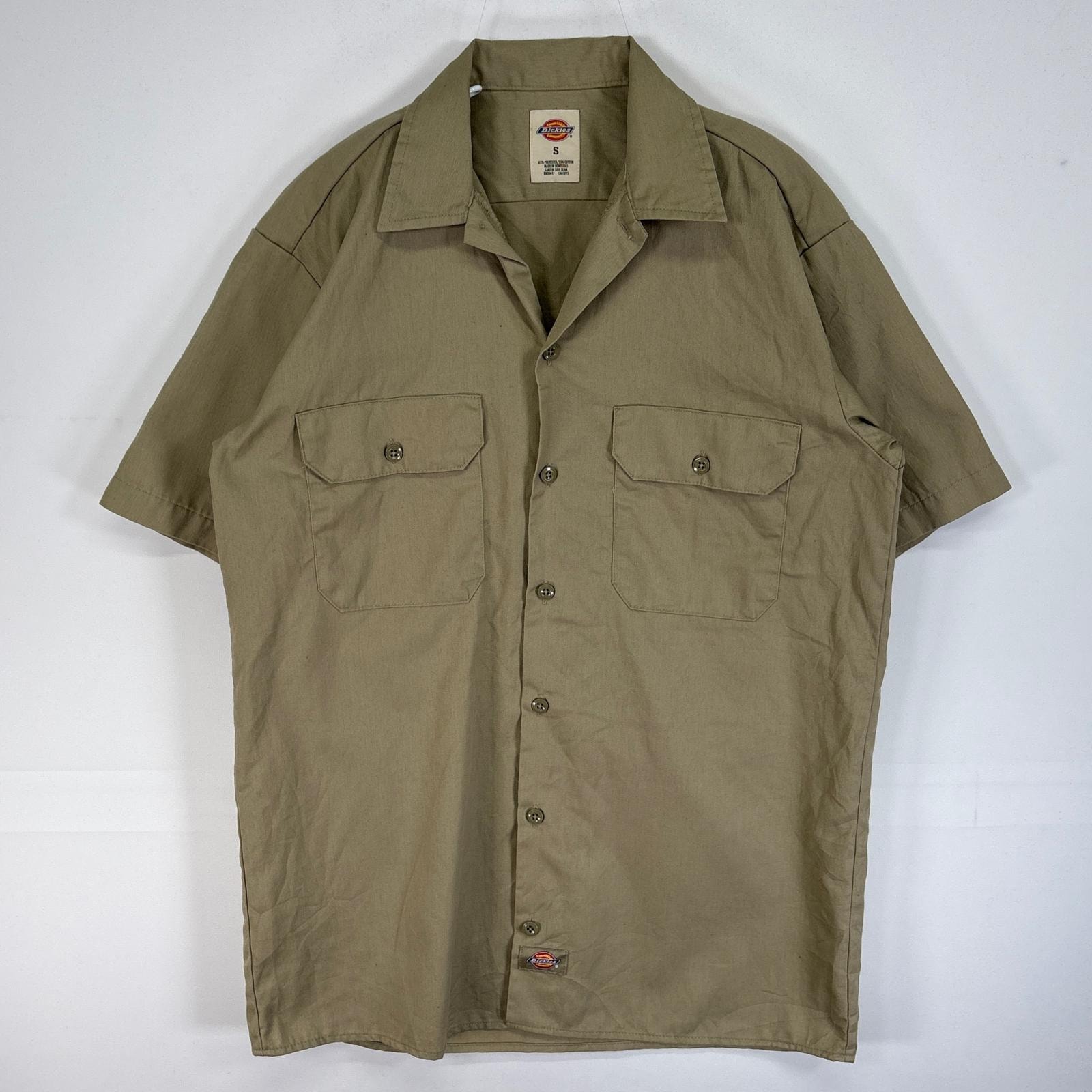 古着 ディッキーズ Dickies 半袖シャツ ワーク 作業着 フラップポケ ワンポイント ロゴ S ベージュ 無地 メンズ