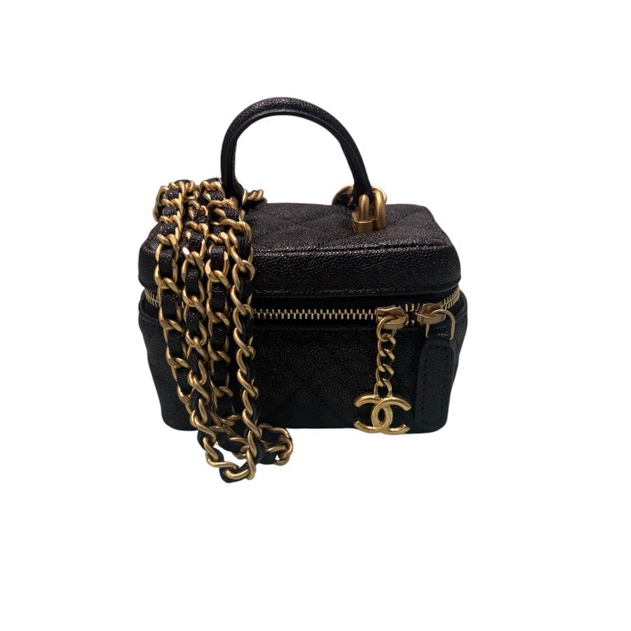 美品 CHANEL シャネル キャビアスキン ブラック ゴールド金具 レザー ショルダーバッグ ハンドバッグ S1-00265 【中古】