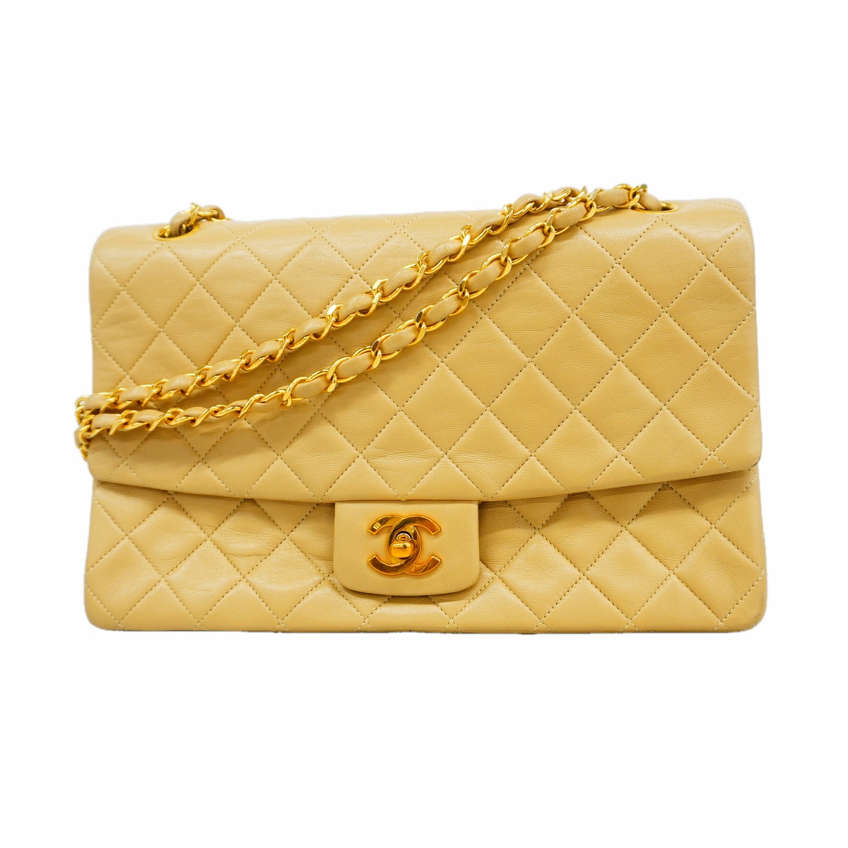 ★SALE【6hc2660】シャネル ショルダーバッグ マトラッセ Wチェーン ラムスキン ベージュ ゴールド金具【中古】レディース
