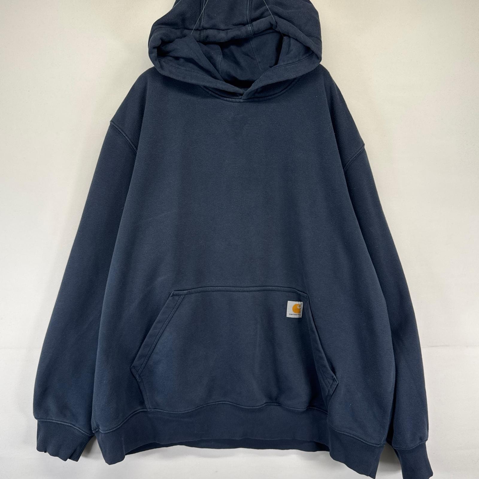 古着 カーハート Carhartt パーカー フーディー プルオーバー スウェット ワンポイントロゴ 2XL  ネイビー系 メンズ