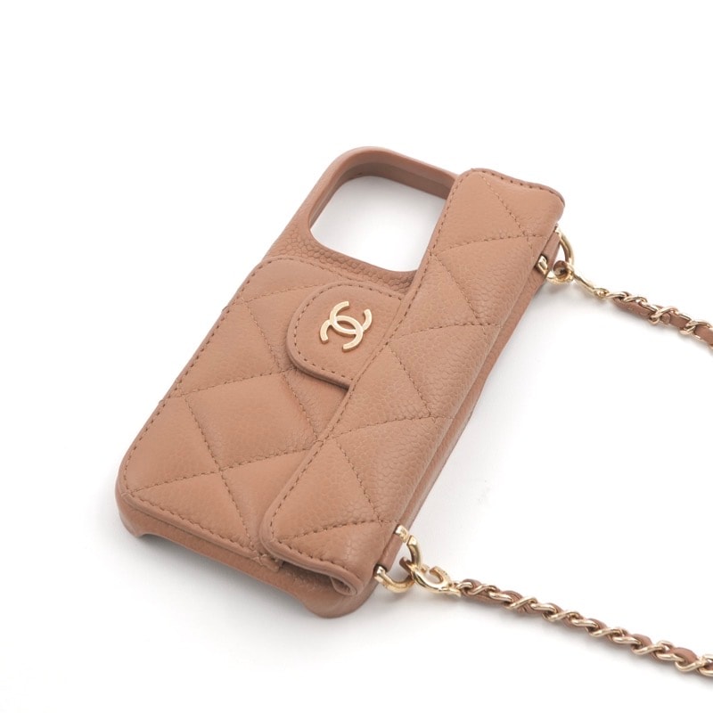 CHANEL iPhone14Proスマホケースキャビアスキンマトラッセチェーン シャネル CHANEL 携帯・スマホアクセサリー ベージュ ゴールド ココ