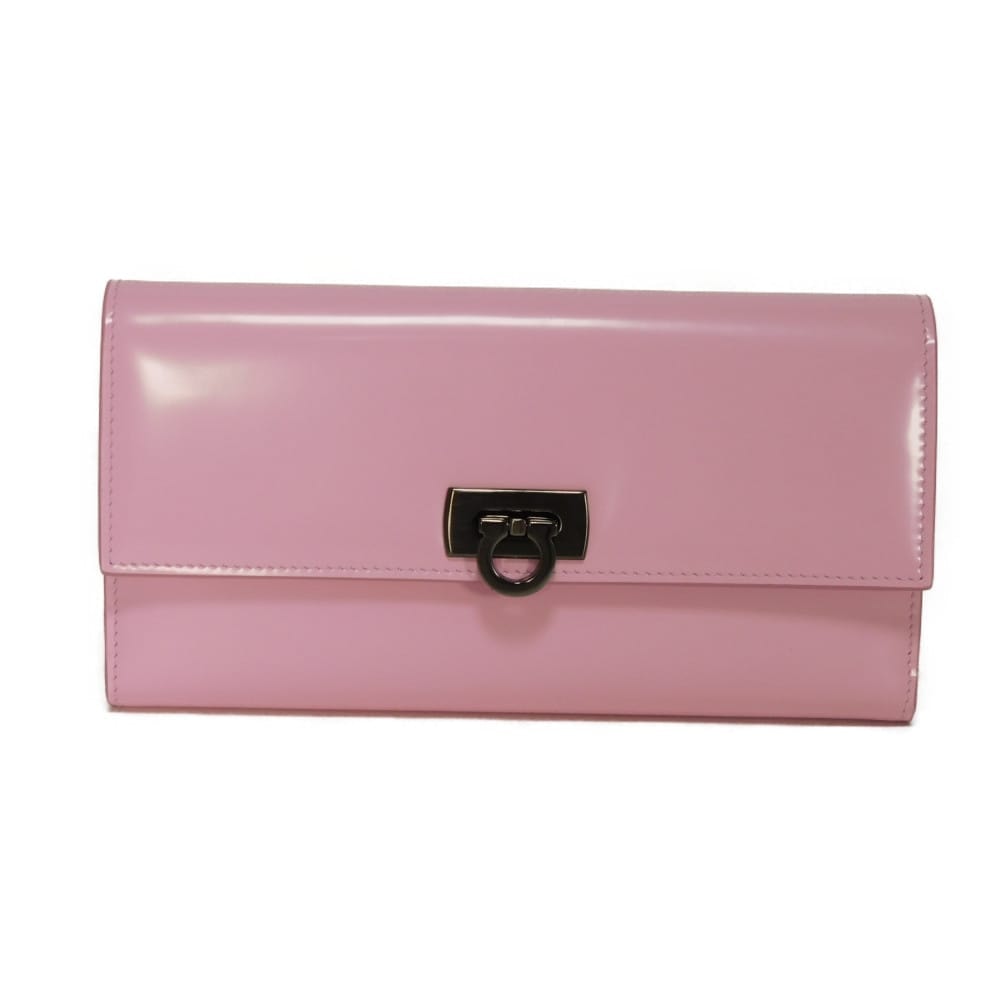 Salvatore Ferragamo サルヴァトーレフェラガモ ワンダ ロング フラップ ウォレット 新ロゴ カーフ ピンク 三つ折り RFID ICチップ マチ付き 札入れ カードケース コインケース 美品 ガンチーニ バブルガム 長財布 220433