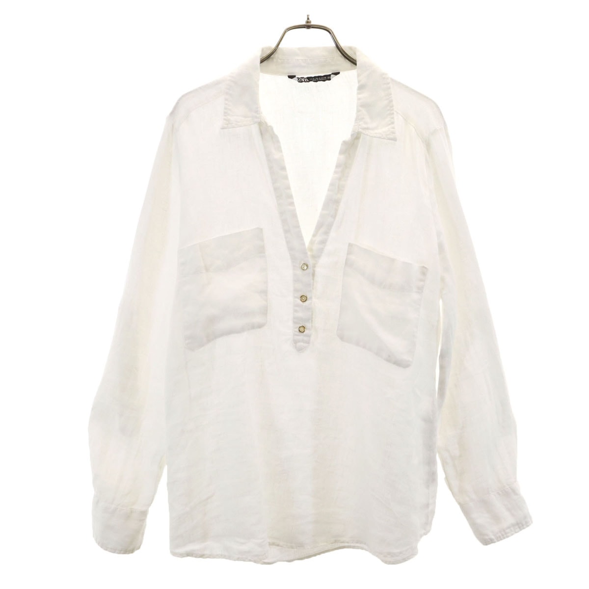 ZARA ザラ リネン 長袖 スキッパー シャツ M ホワイト ロールアップ