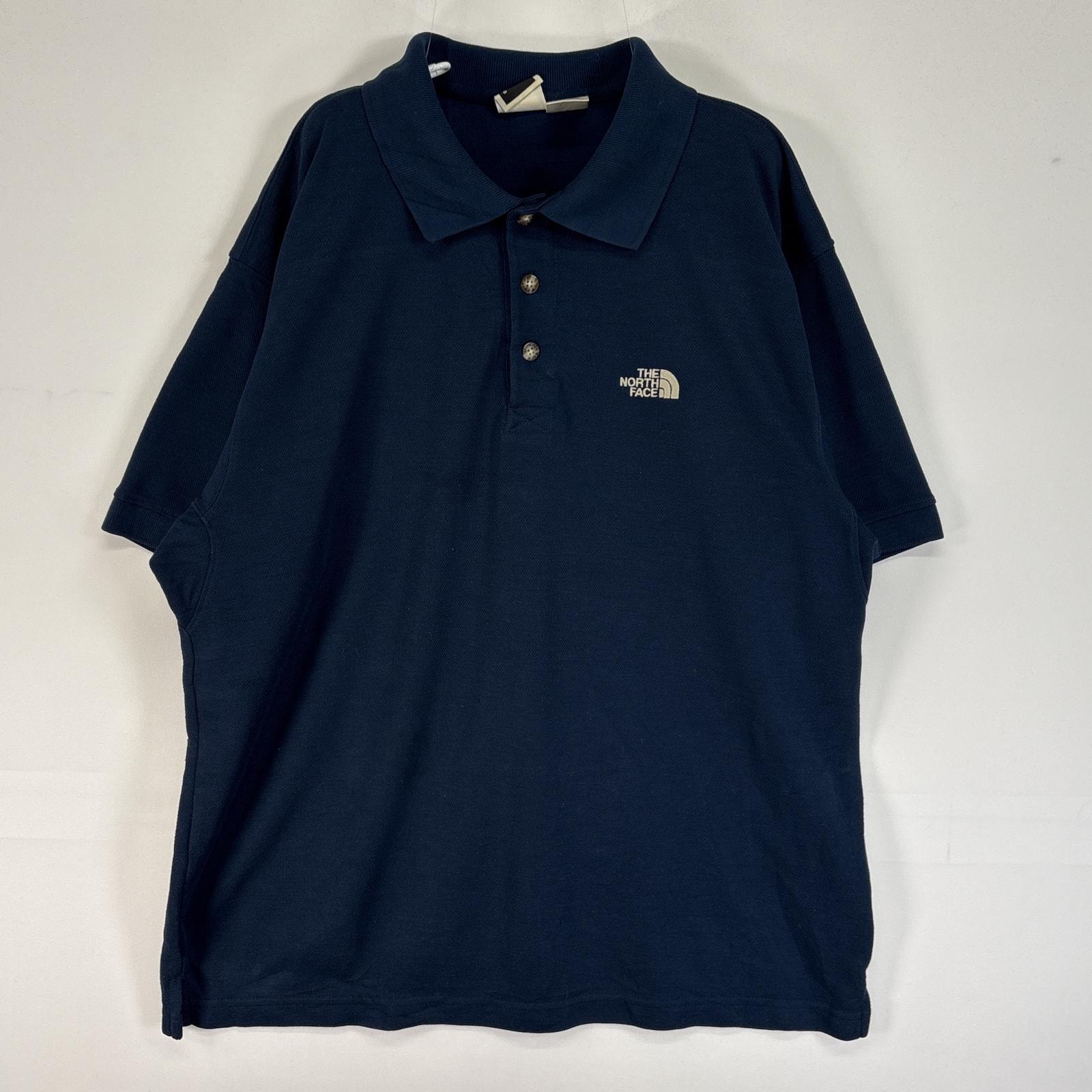 古着 ザ・ノースフェイス THE NORTH FACE 半袖 ポロシャツ ロゴ 刺繍 3ボタン L  ネイビー 無地 メンズ