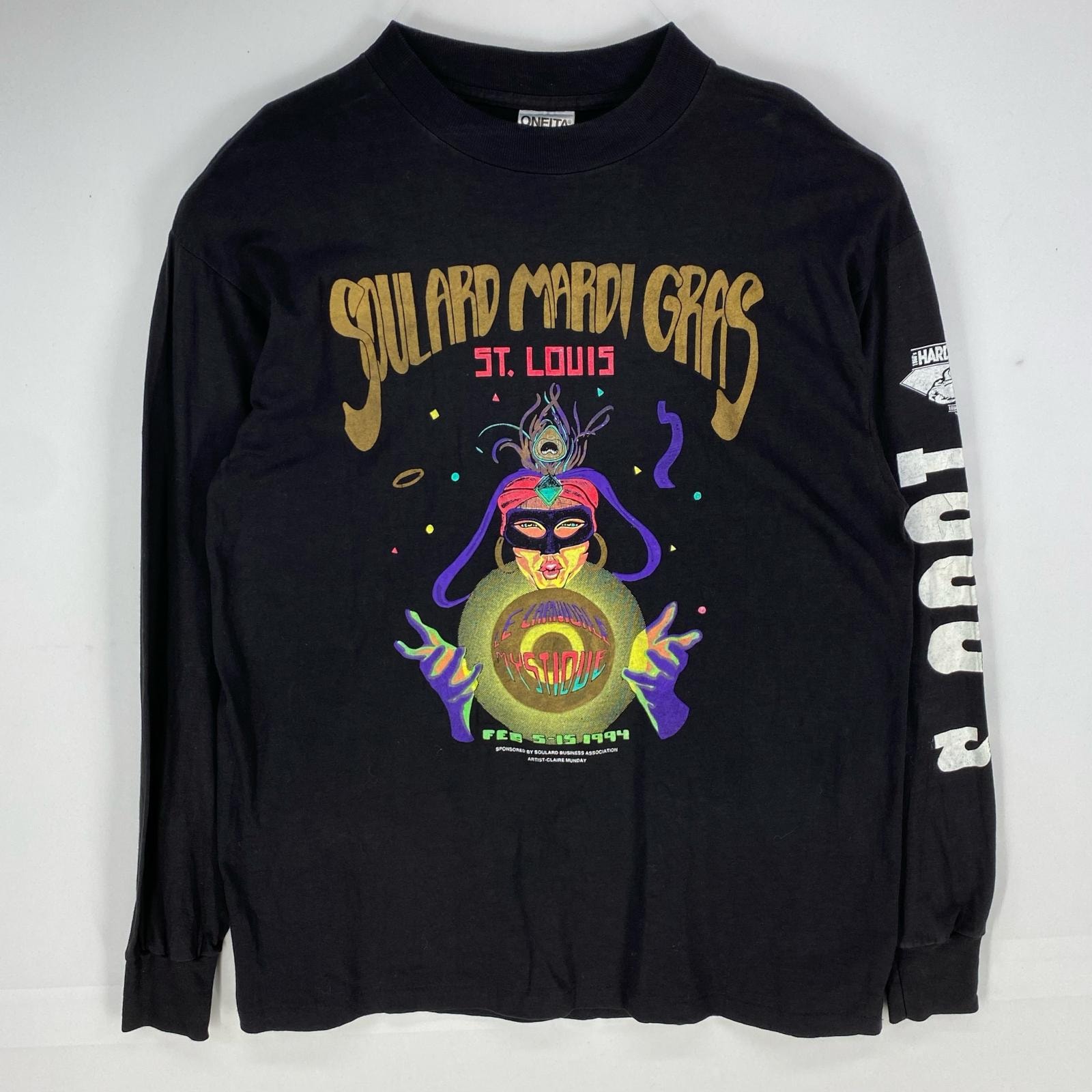 古着 90's/90年代 オニータ ONEITA USA製 長袖Tシャツ クレイジーマンデー 袖デザイン L  ブラック系 メンズ