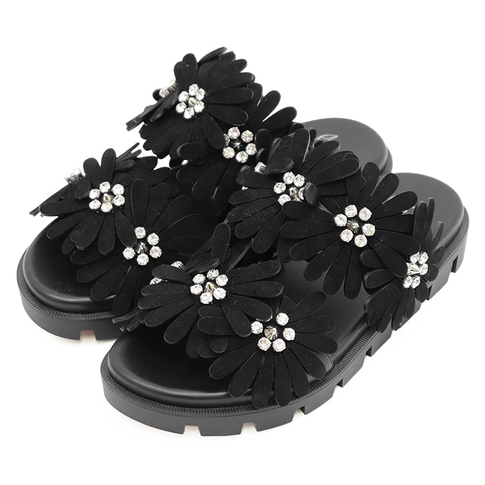 【未使用】Christian Louboutin クリスチャンルブタン サンダル 38.5 レディース FLORA COOL FLAT クリスタルビジュー & スタッズ スエード フラワーストラップ ナッパレザー シューズ 革靴 付属有 ブラック 黒 伊製