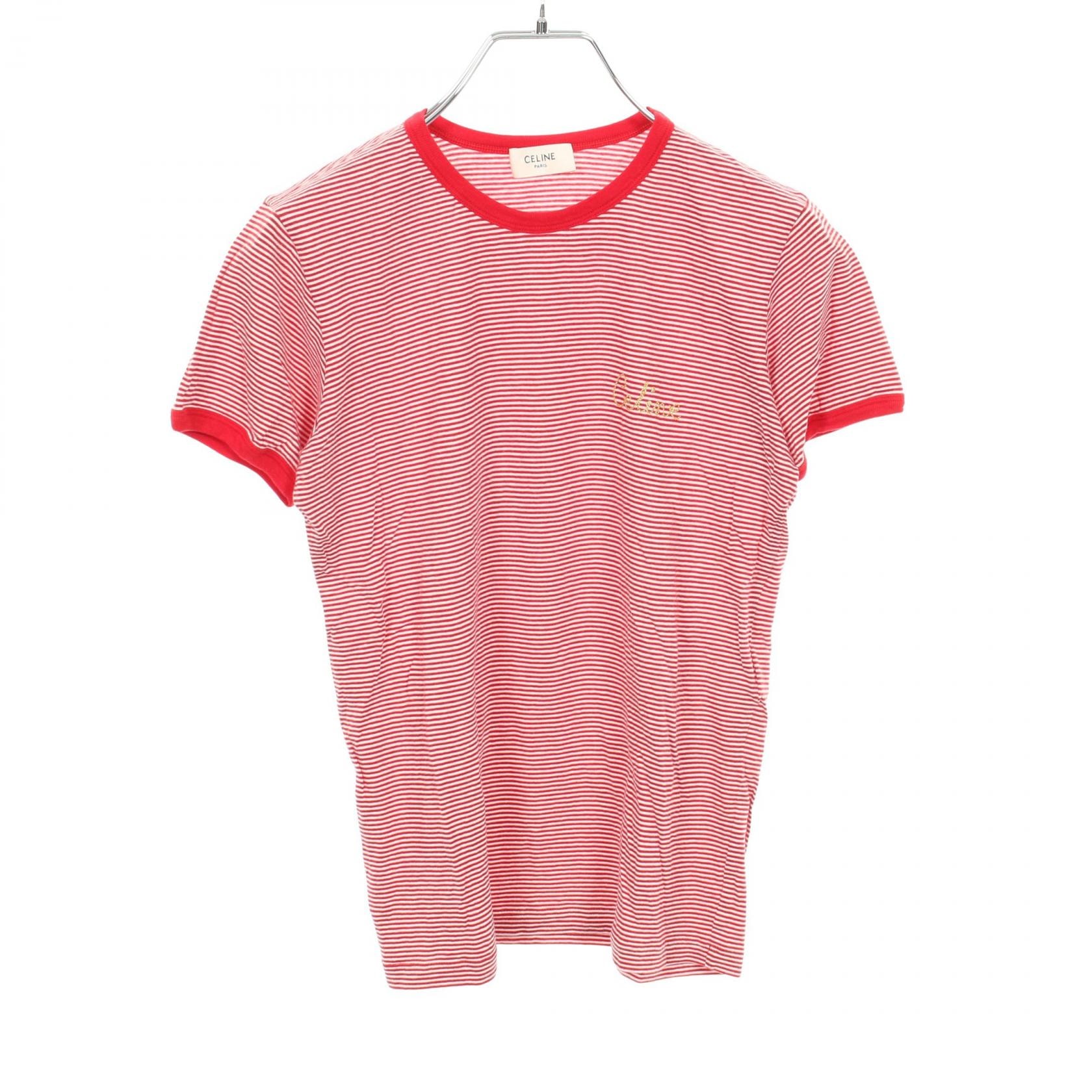 セリーヌ CELINE ロゴ刺繍 半袖Tシャツ 衣料品 トップス コットン レディース レッド系 / ホワイト系 【中古】