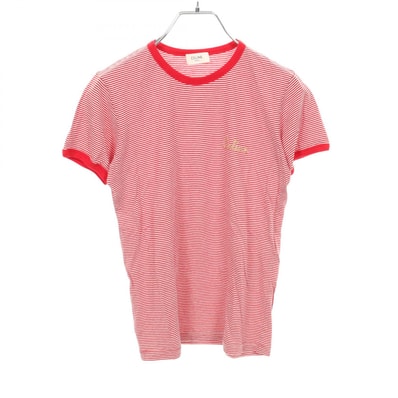 セリーヌ CELINE ロゴ刺繍 半袖Tシャツ 衣料品 トップス コットン レディース レッド系 / ホワイト系 【中古】