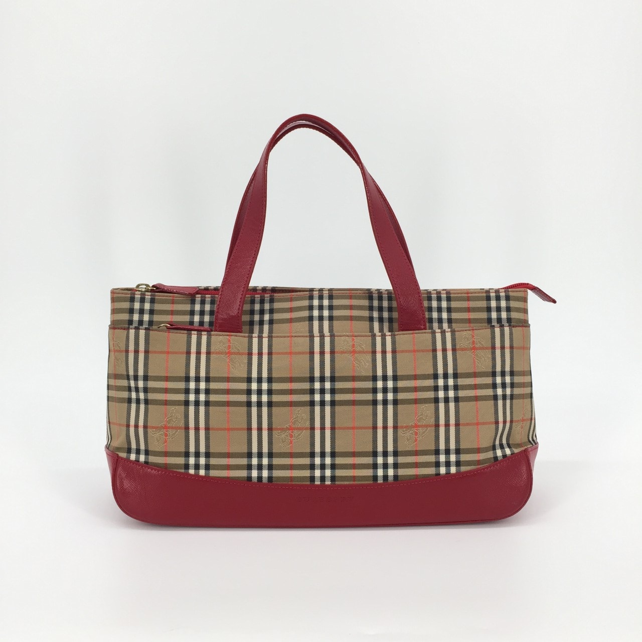 BURBERRY(バーバリー) ノバチェック柄 レッドレザー トートバッグ ベージュ×レッド
