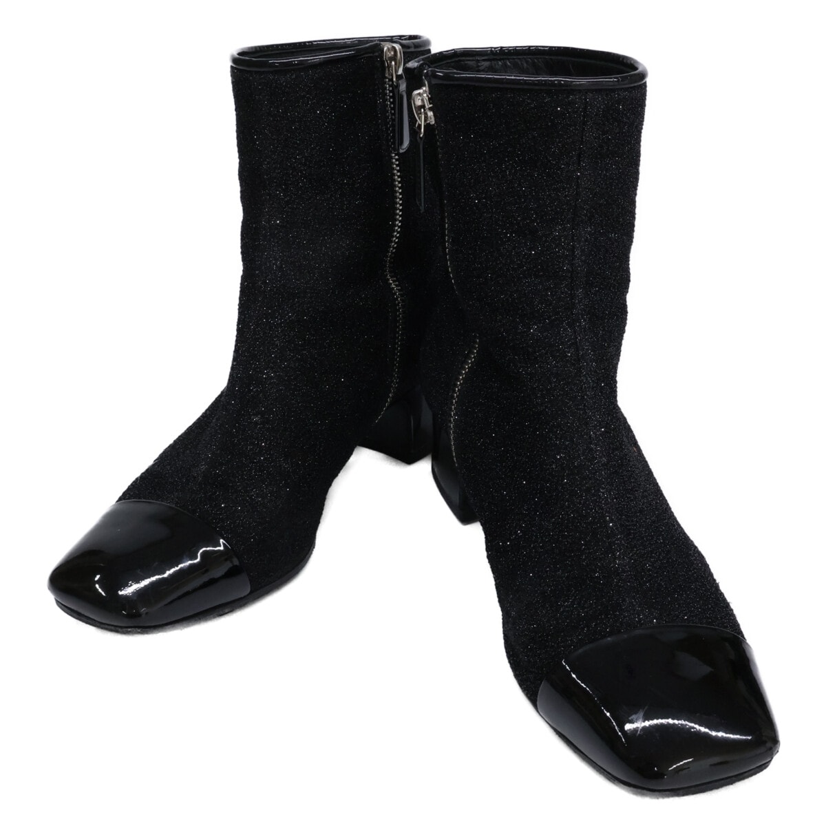 シャネル G33221 スクエアトゥ サイドジップ チャンキーヒール グリッターブーツ 37 1/2C