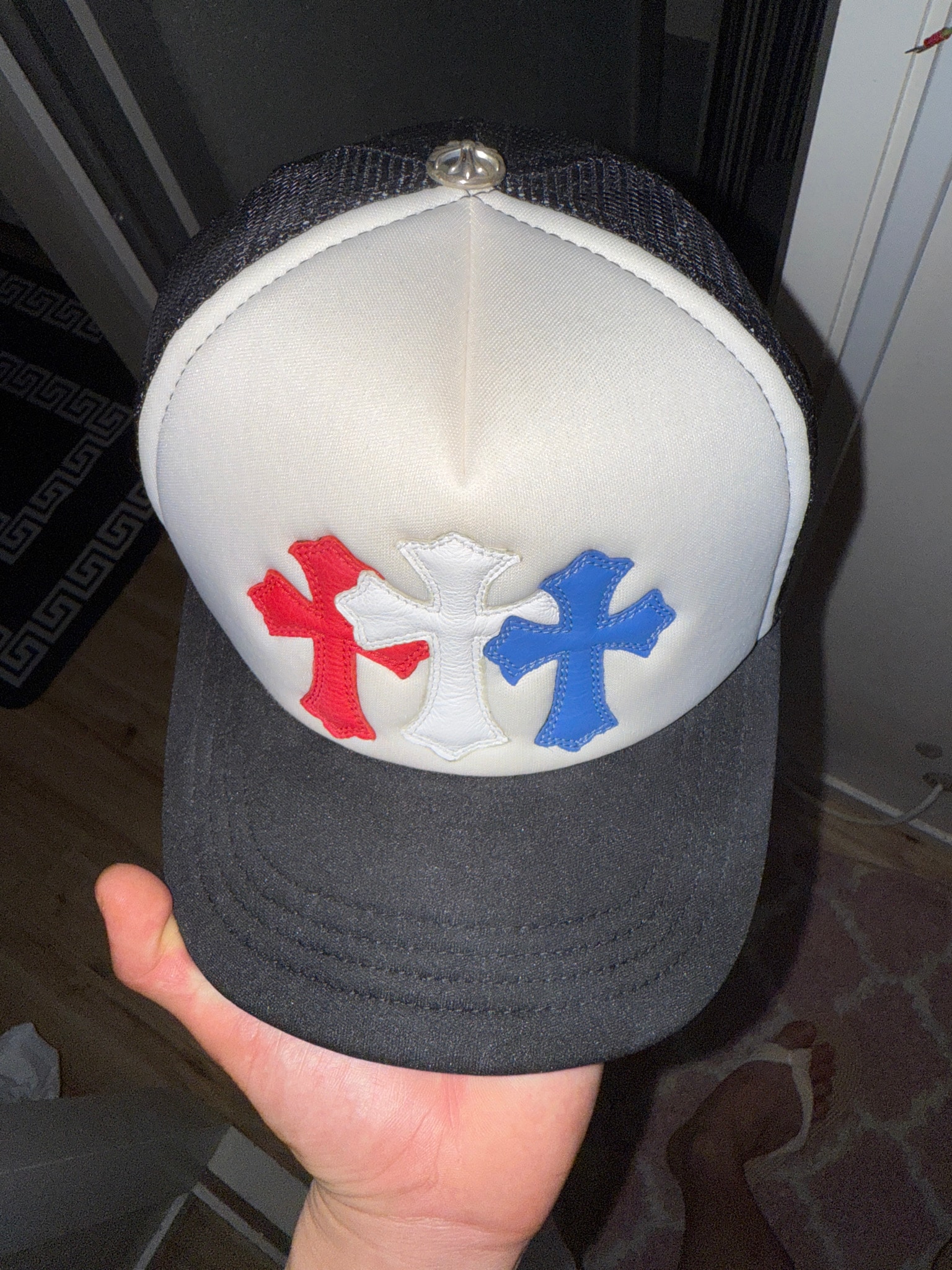 Chrome Hearts 3 Cross Patches Trucker Cap "Black/White/Red/Blue"