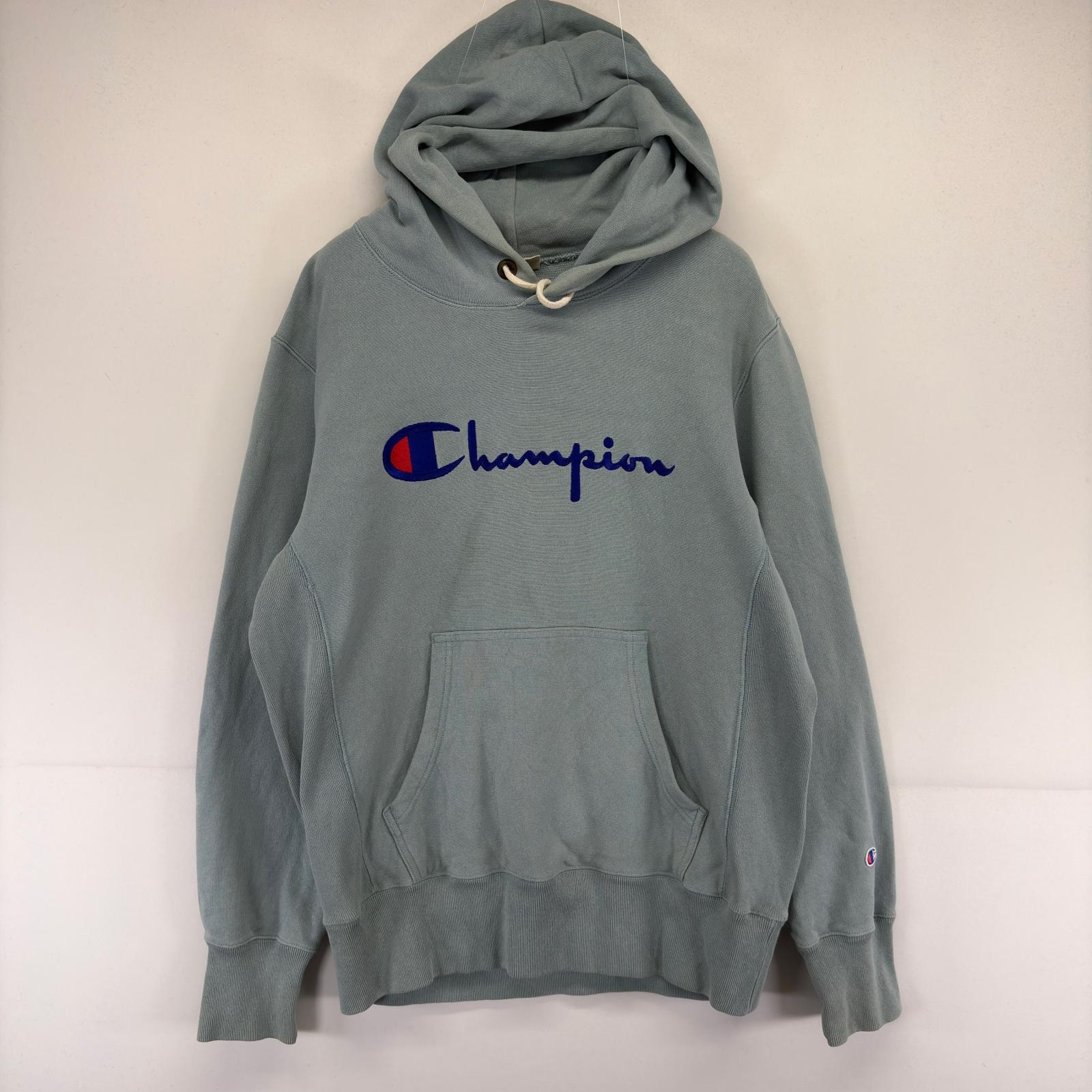 古着 チャンピオン Champion スウェット プルオーバー ロゴ 刺繍 リバースウィーブ 大きいサイズ パーカー XL  水色系 メンズ