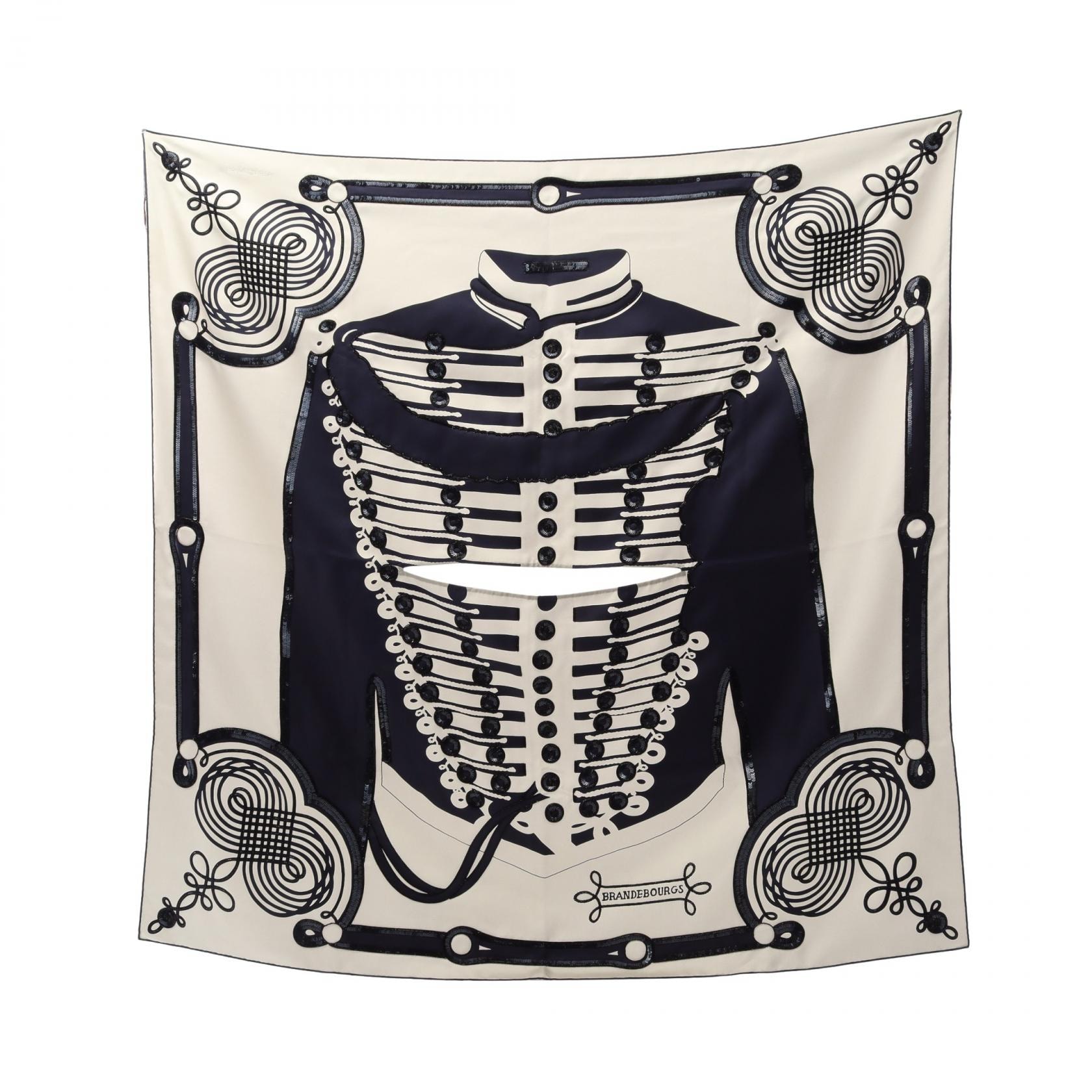 エルメス HERMES カレ90 BRANDE BOURGS TATTOO スカーフ 衣料品 シルク シルク レディース ホワイト系 / ネイビー系 【中古】