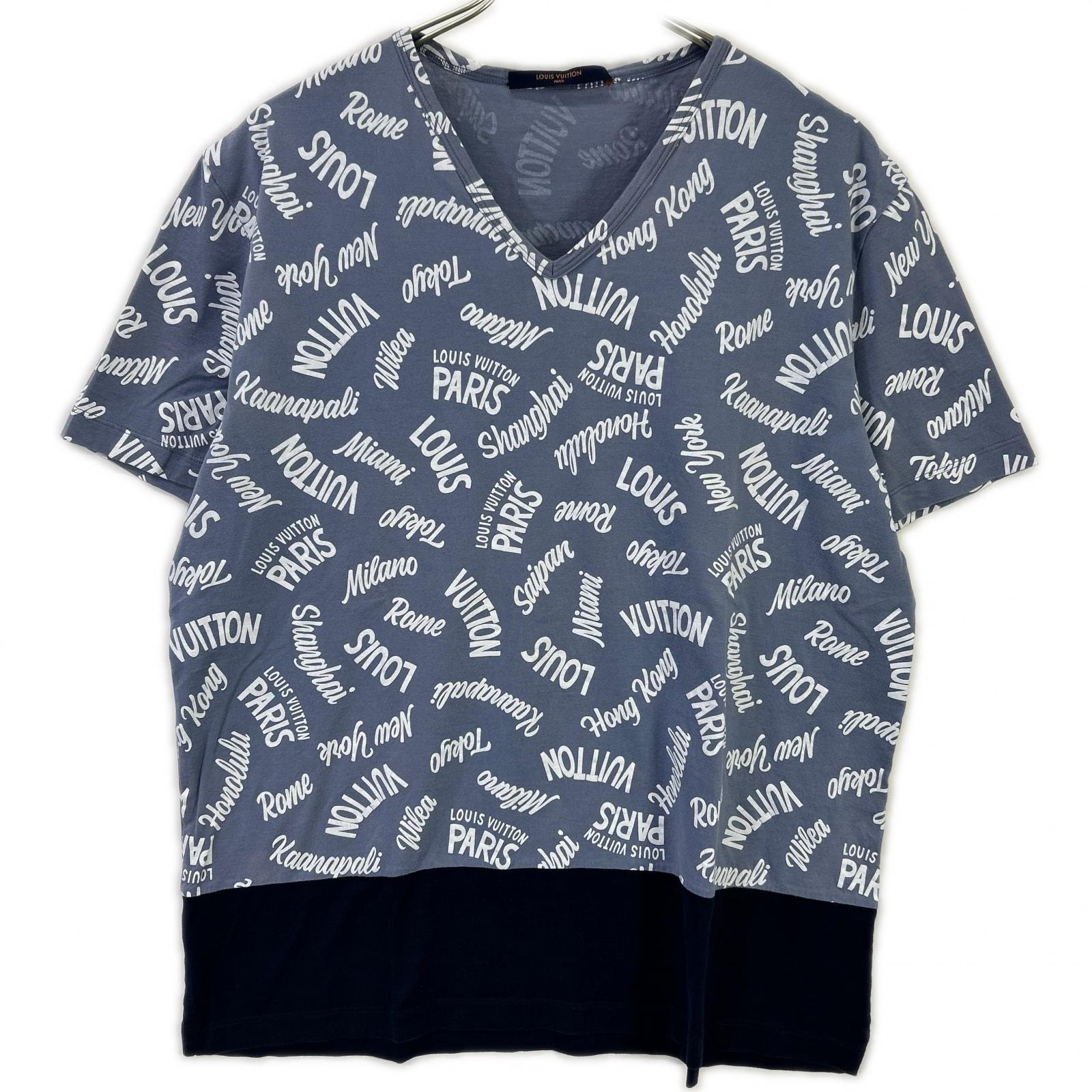 ルイヴィトン 18SS HEY06W ブルー×ネイビー オックスフォードシティロゴVネックTシャツ L