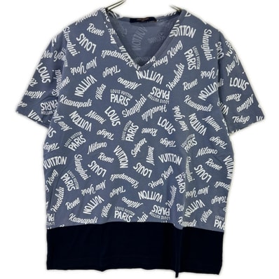 ルイヴィトン 18SS HEY06W ブルー×ネイビー オックスフォードシティロゴVネックTシャツ L