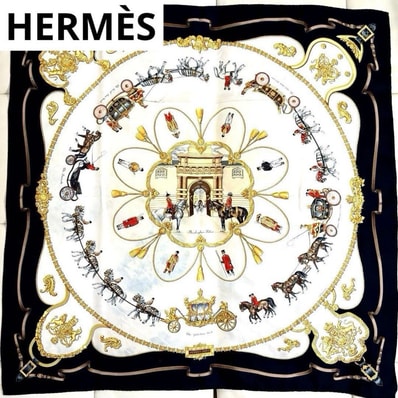 【クリーニング済】エルメス カレ90 THE ROYAL MEWS 王室の馬小屋 シルクスカーフ黒 HERMES スカーフ ブランド 大判 ブラック ヴィンテージ