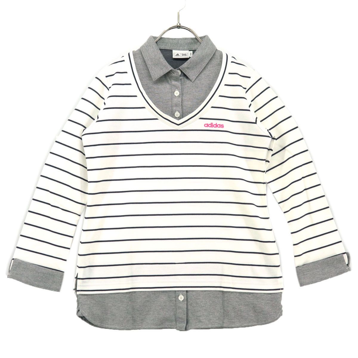 美品 adidas アディダス ボーダー柄 ゴルフ 長袖 ゲーブルカラー ポロシャツ M ホワイト 生地切り替え
