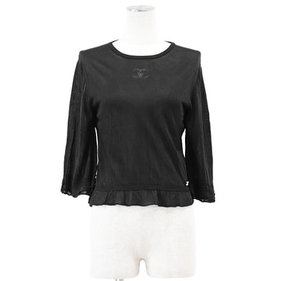 【極美品】CHANEL シャネル ハイゲージニット P74998 シルク100% COCOマーク エンブロイダリー 刺繍 ニードルマーク ラインストーンチャーム クルーネック フレアスリーブ ギャザーフリル プルオーバー トップス レディース 38 黒 伊製