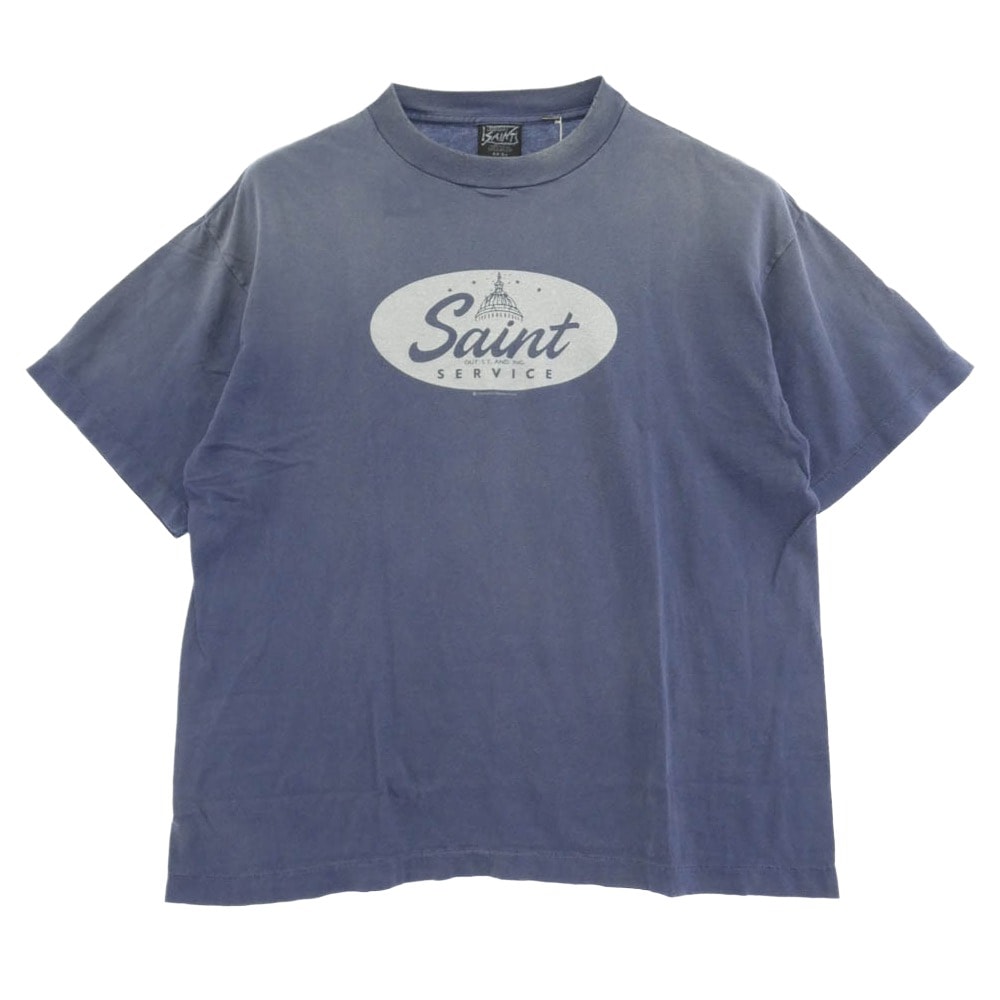 SAINT MICHAEL セントマイケル 26SS SM-MK8-0000-020 SAINT SERVICE_SS T-SHIRT ヴィンテージ加工 半袖 Tシャツ ブルー系 L【極上美品】【中古】