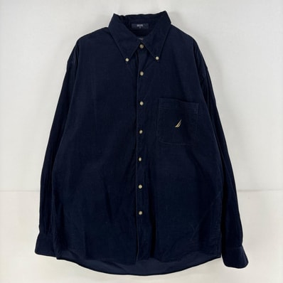 古着 ノーティカ NAUTICA コーデュロイ 長袖シャツ ワンポイント ロゴ 刺繍 ボタンダウン 胸ポケット L ダークネイビー メンズ