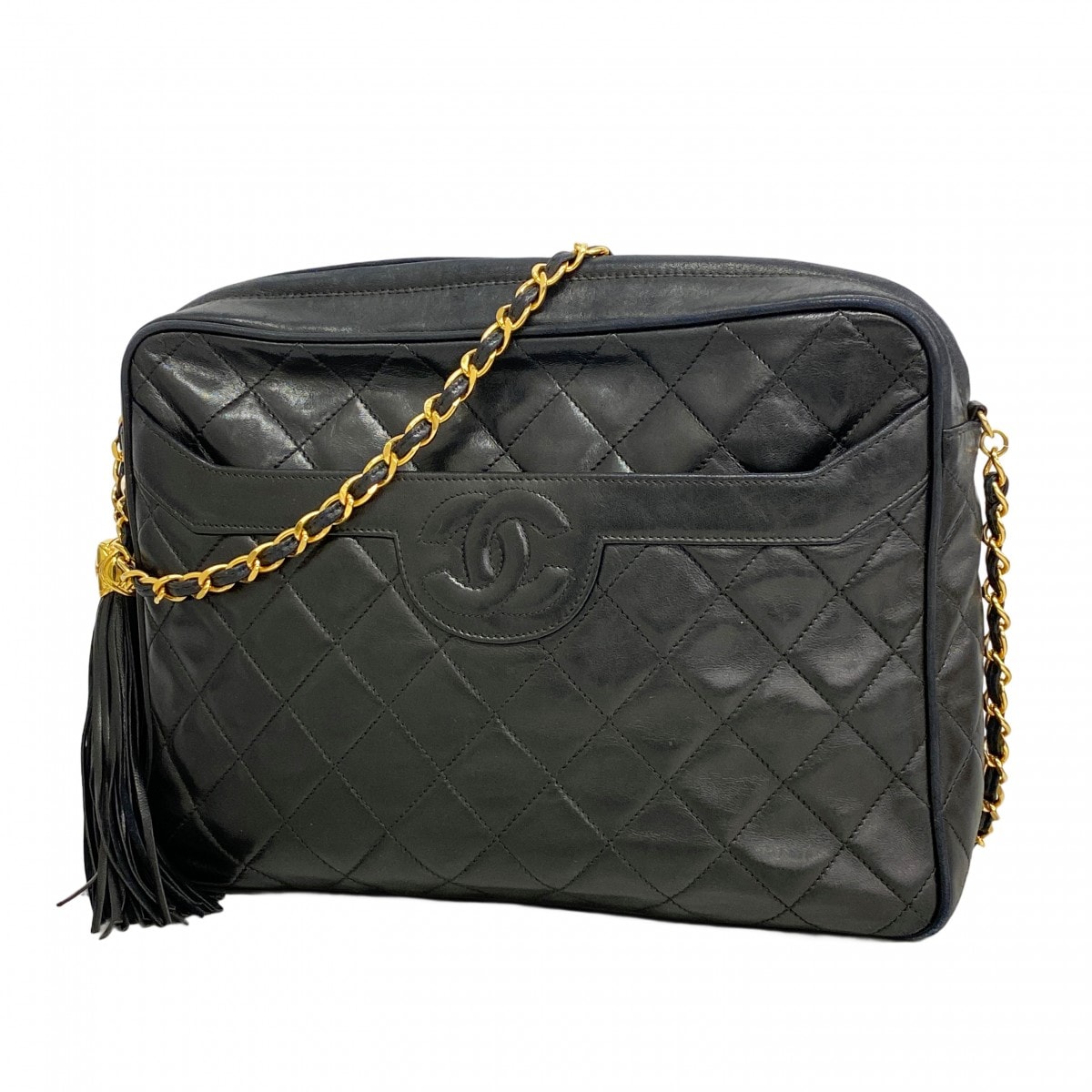 【6cd5071-k】シャネル ショルダーバッグ マトラッセ フリンジ付きチェーンショルダー ラムスキン ブラック ゴールド金具【中古】レディース