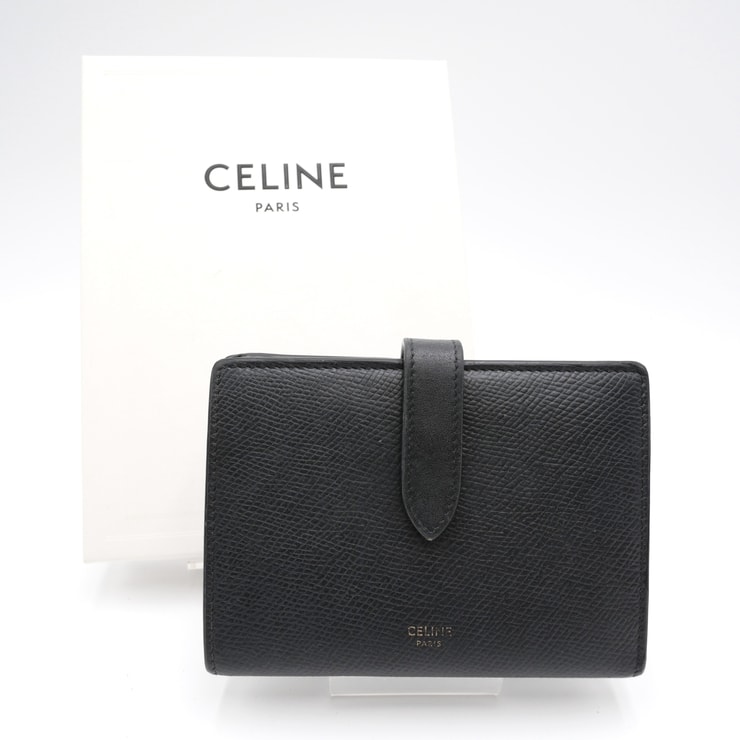 CELINE(セリーヌ)ミディアム ストラップウォレット 二つ折り財布 ブラック レザー ゴールド金具 レディース【中古】