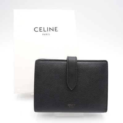 CELINE(セリーヌ)ミディアム ストラップウォレット 二つ折り財布 ブラック レザー ゴールド金具 レディース【中古】