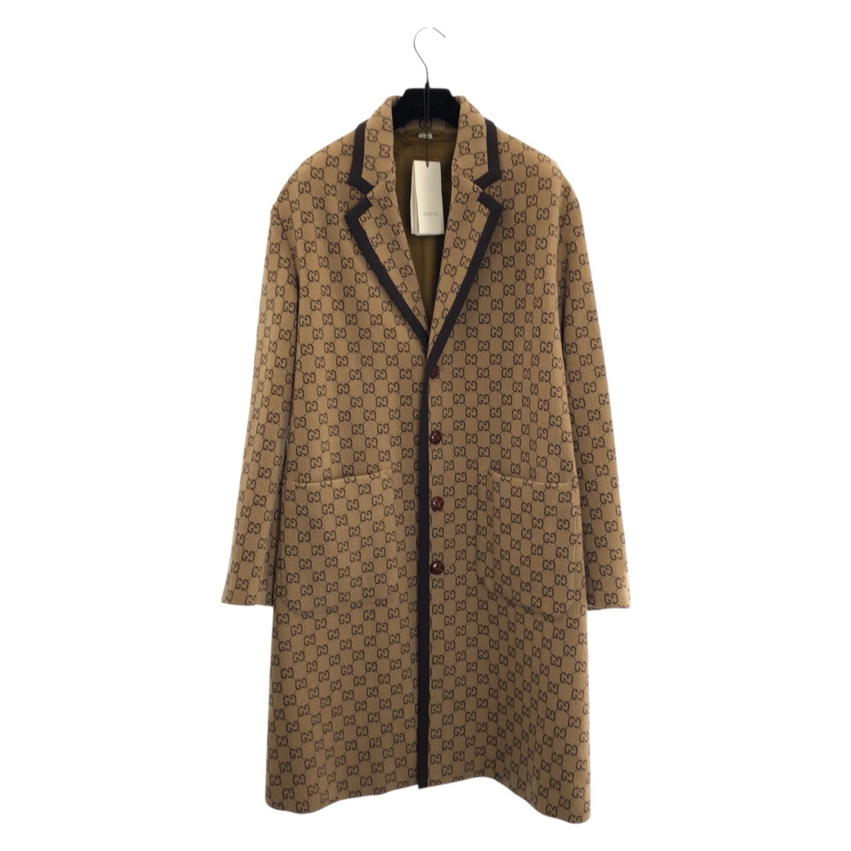 美品 GUCCI グッチ GGジャカード メルトン サイズ48 ベージュ ブラウン ウール コート チェスターコート 604016 【中古】