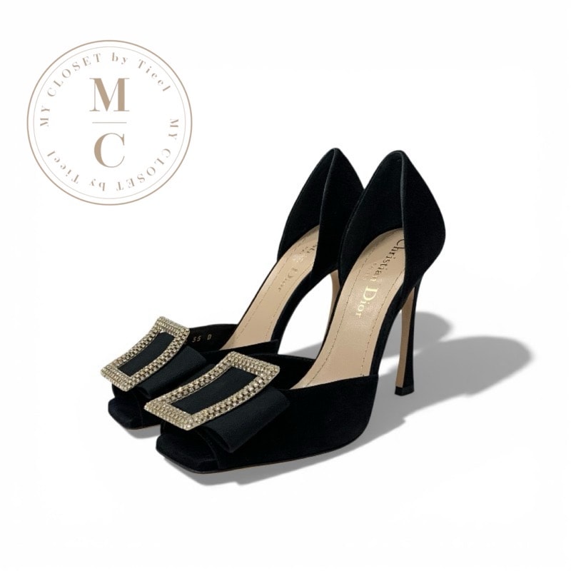 クリスチャンディオール CHRISTIAN DIOR IDYLLE パンプス 靴 シューズ スエード ブラック 黒 ビジュー バックル パーティーシューズ