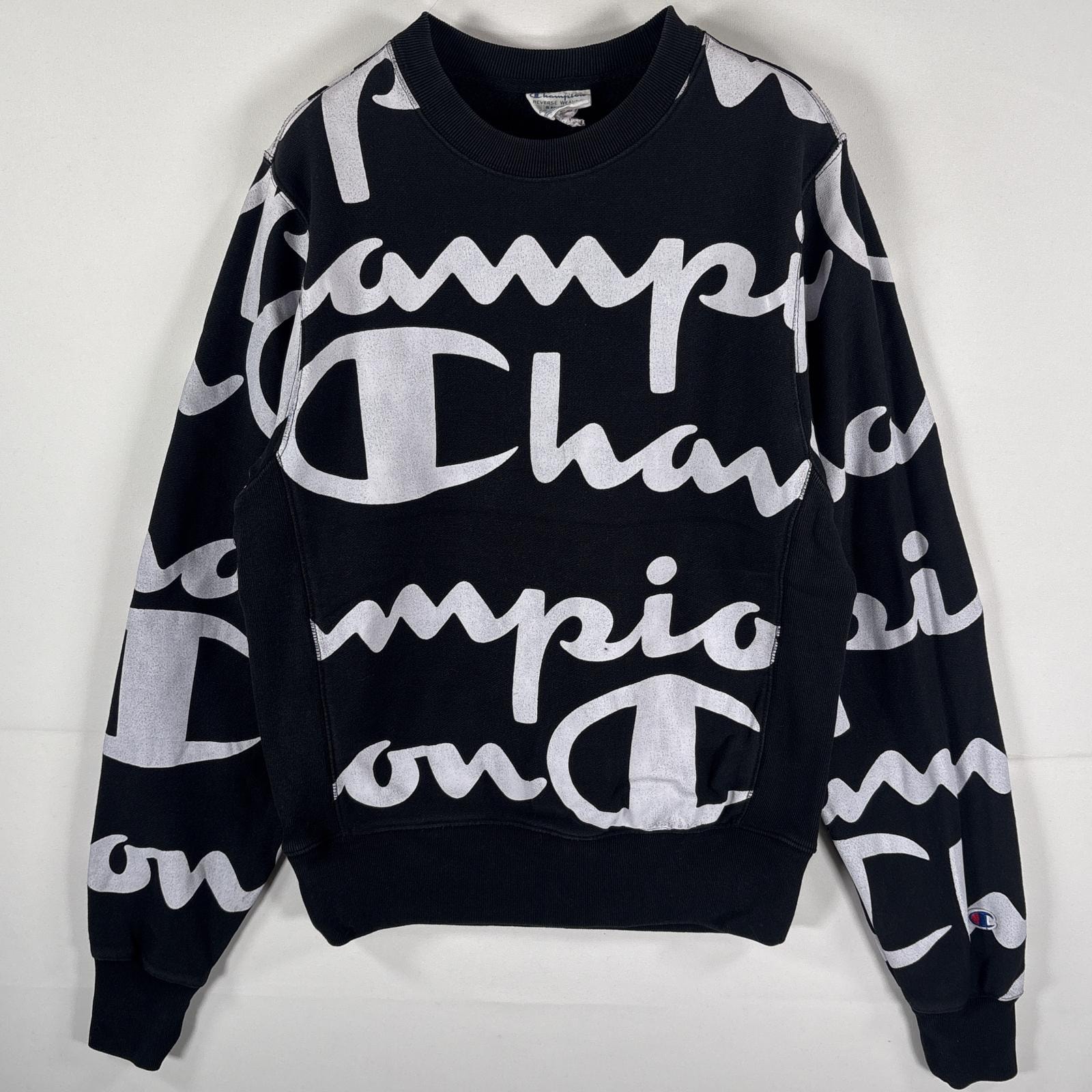 古着 チャンピオン Champion スウェット リバースウィーブ 復刻 総柄 ヘビーウェイト SMALL(JPN L) ブラック ホワイト ツートン メンズ