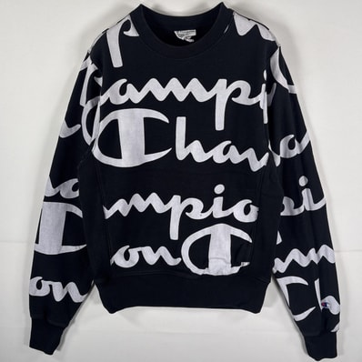 古着 チャンピオン Champion スウェット リバースウィーブ 復刻 総柄 ヘビーウェイト SMALL(JPN L) ブラック ホワイト ツートン メンズ