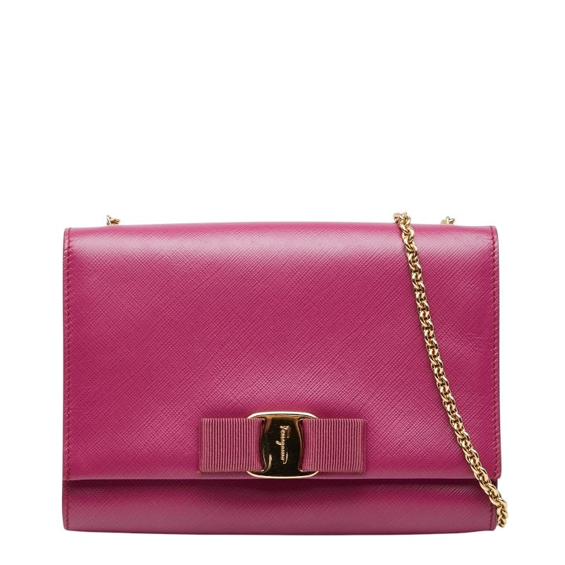 サルヴァトーレフェラガモ ヴァラリボン チェーンショルダーバッグ KM-22 B558 パープル レザー レディース Salvatore Ferragamo 【中古】