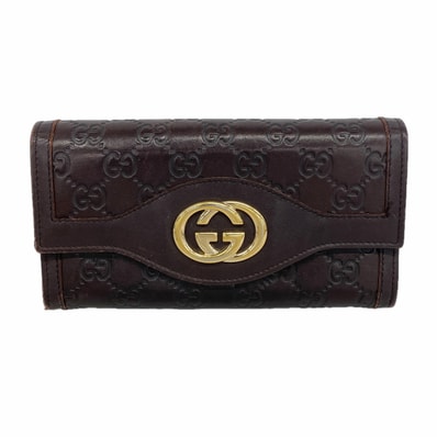 【6ic3398】グッチ 長財布 グッチシマ 282434 レザー ダークブラウン ゴールド金具【中古】レディース