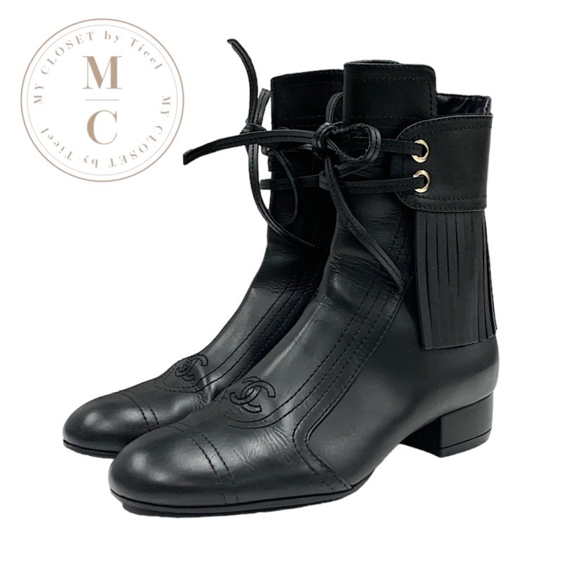 シャネル CHANEL ブーツ ショートブーツ 靴 シューズ レザー ブラック 黒 ココマーク フリンジ