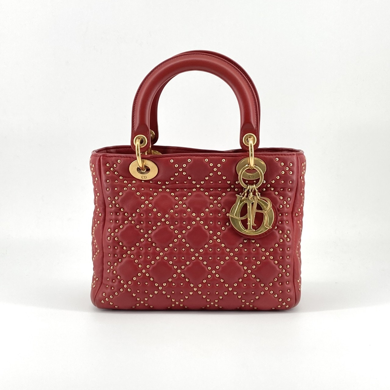 Christian Dior(クリスチャンディオール) レディ ディオール カナージュ スタッズ 2WAY レザー ハンドバッグ レッド×ゴールド