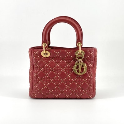 Christian Dior(クリスチャンディオール) レディ ディオール カナージュ スタッズ 2WAY レザー ハンドバッグ レッド×ゴールド