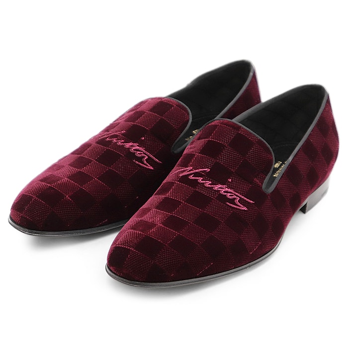 【新品同様】LOUIS VUITTON ルイ・ヴィトン オペラパンプス 2019年製 MT0199 オートゥイユライン シグネチャー ロゴ ダミエ ベロア ベルベット ローファー スリッポン 靴 メンズ サイズ 8 バーガンディ イタリア製