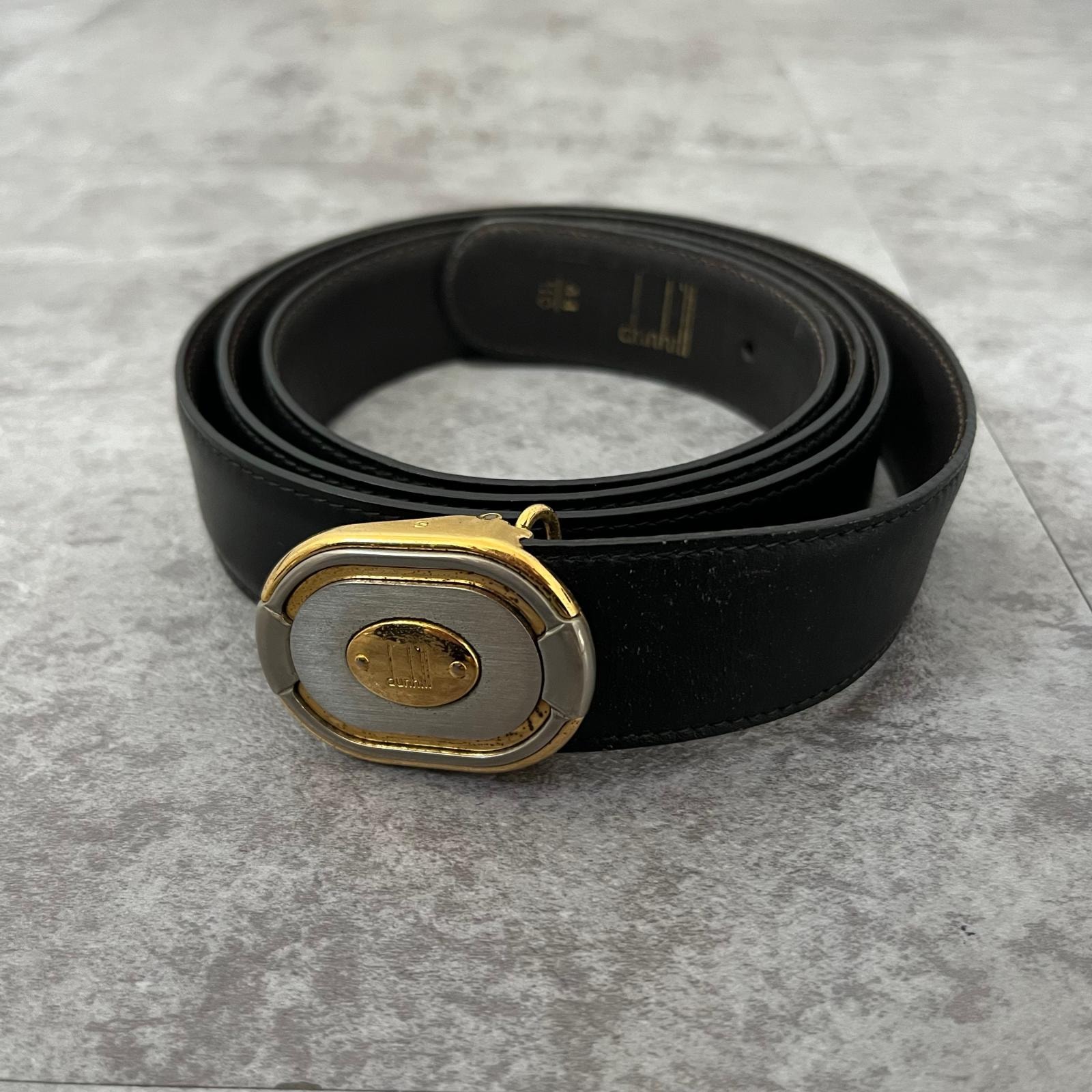 【dunhill】ダンヒル メンズ ベルト ブラック 黒 レザー ゴールド シルバー コンビバックル ロゴ ビジネス フォーマル スーツ 高級紳士用品