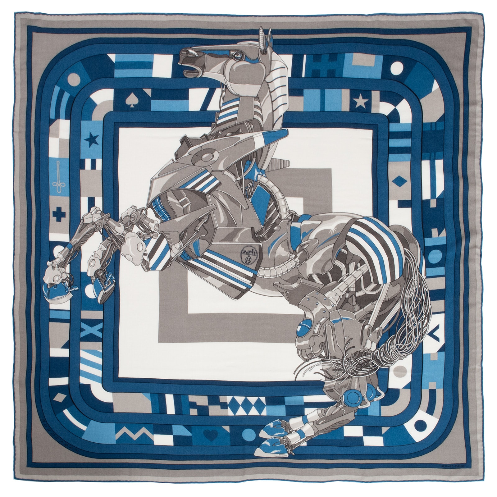 HERMES エルメス スカーフ カレ100 Robocabar ロボカバール 103982T 06 カシミヤ シルク ブルー グレー【中古】